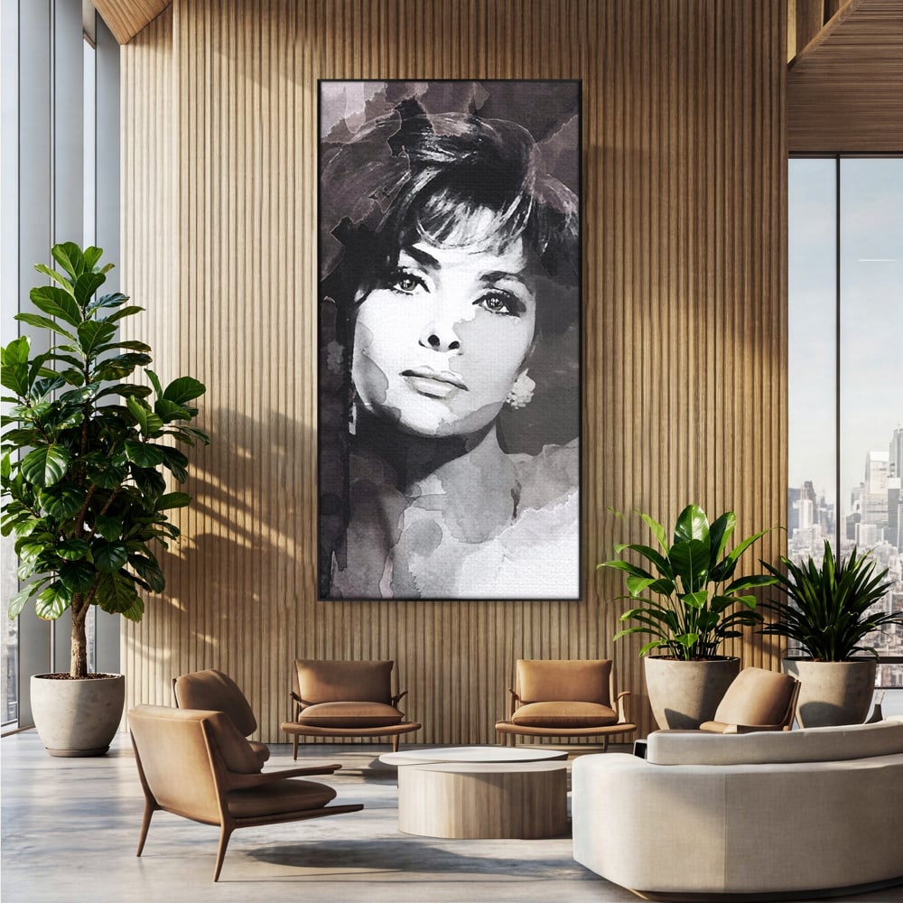 Tablou canvas cu tablou canvas cu portretul actritei sophia loren, in rama de aluminiu negru, pe perete intr-un birou